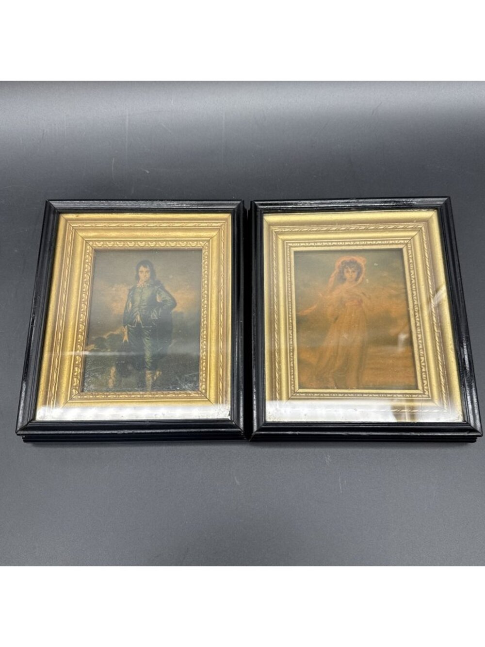 Vintage Blue Boy And Pinky Girl Ornate Wood Black Gold Framed Art Set Gallery